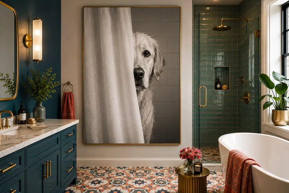 Colorful bathroom with teal cabinetry, patterned tile, brass accents, a freestanding tub, and oversized art of a dog peeking from a shower curtain.