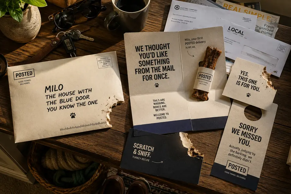 Direct-mail campaign sends a dog its own treat-filled delivery, using chewed envelopes and playful copy to make getting the mail genuinely exciting.