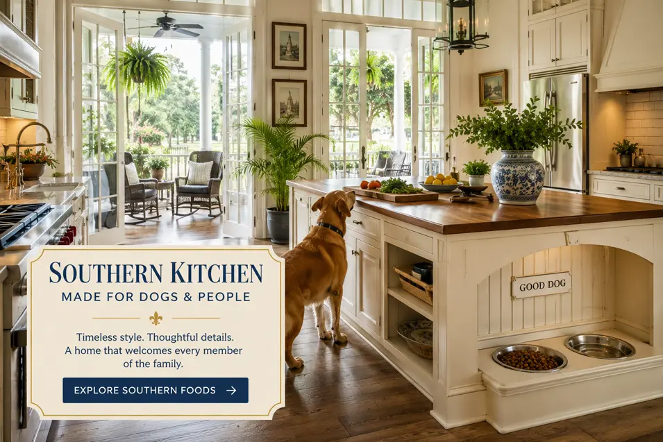 Airy Southern kitchen with French doors, a sunny veranda, warm wood island, built-in feeding station, and a dog watching food preparation.