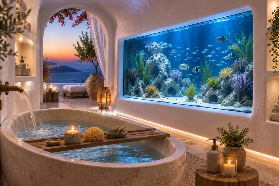 Luxurious Santorini-style bathroom with a soaking tub, sunset Aegean views, warm candlelight, and a stunning built-in reef aquarium.