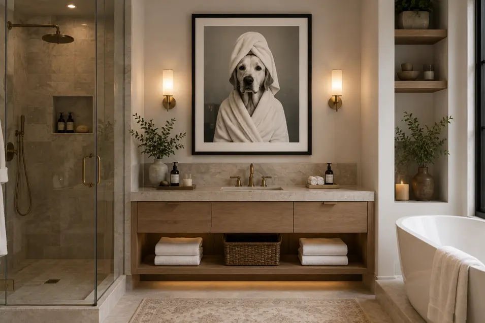 Yes — Spa Day, Apparently fits this image perfectly. It’s playful and understated, and the dog’s expression sells the joke.
