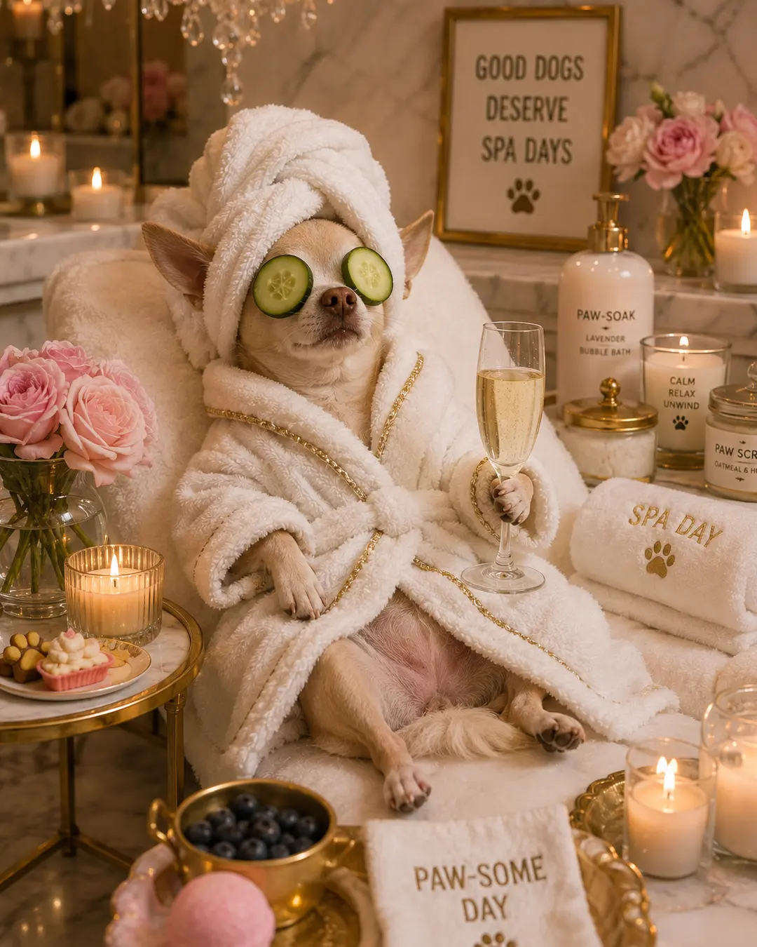Chihuahua enjoys a luxurious spa day in a fluffy robe with cucumber slices over its eyes and a glass of bubbly.