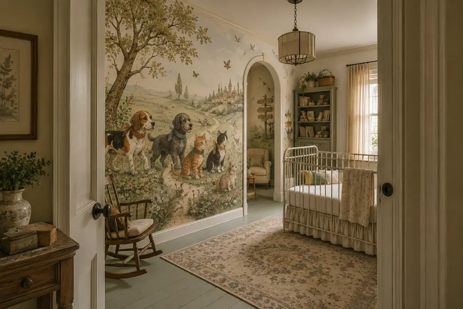 This is a vintage storybook pet mural nursery—dogs, cats, and a rabbit wander through an enchanted countryside, giving the warm, old-world room a magical storybook feel.