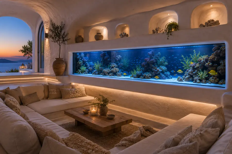 Inviting Santorini-style conversation pit with soft ambient lighting, sunset sea views, and a spectacular panoramic built-in reef aquarium.