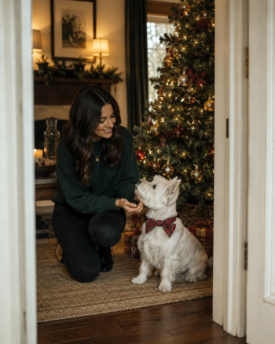 A woman shares a festive moment with her white terrier beside a glowing Christmas tree, with the dog wearing a tartan bow tie.