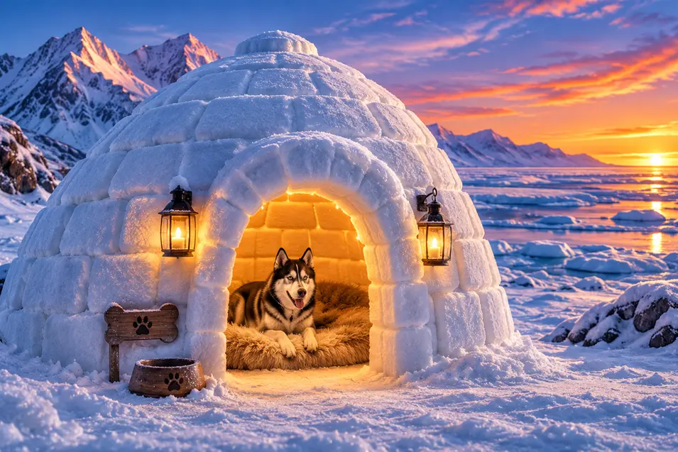 A Husky relaxes inside a warmly lit snow-block igloo beside the frozen sea, with lanterns glowing against a dramatic mountain sunset.