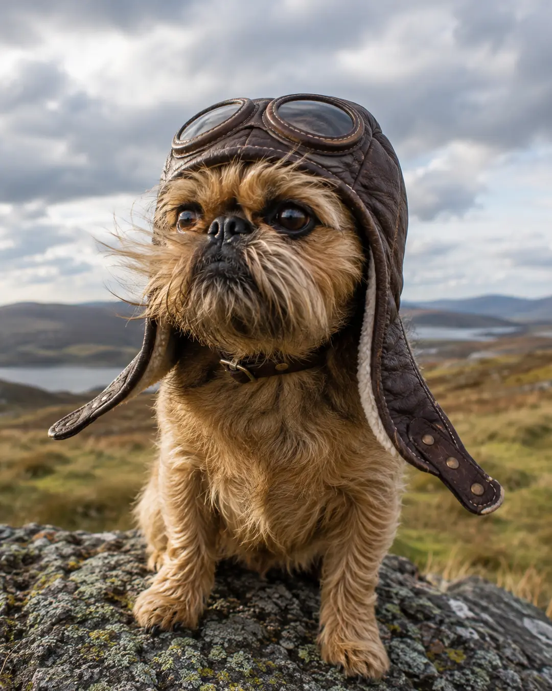 A scruffy little dog in a vintage aviator hat and goggles poses dramatically on a windswept hill beneath cloudy skies.