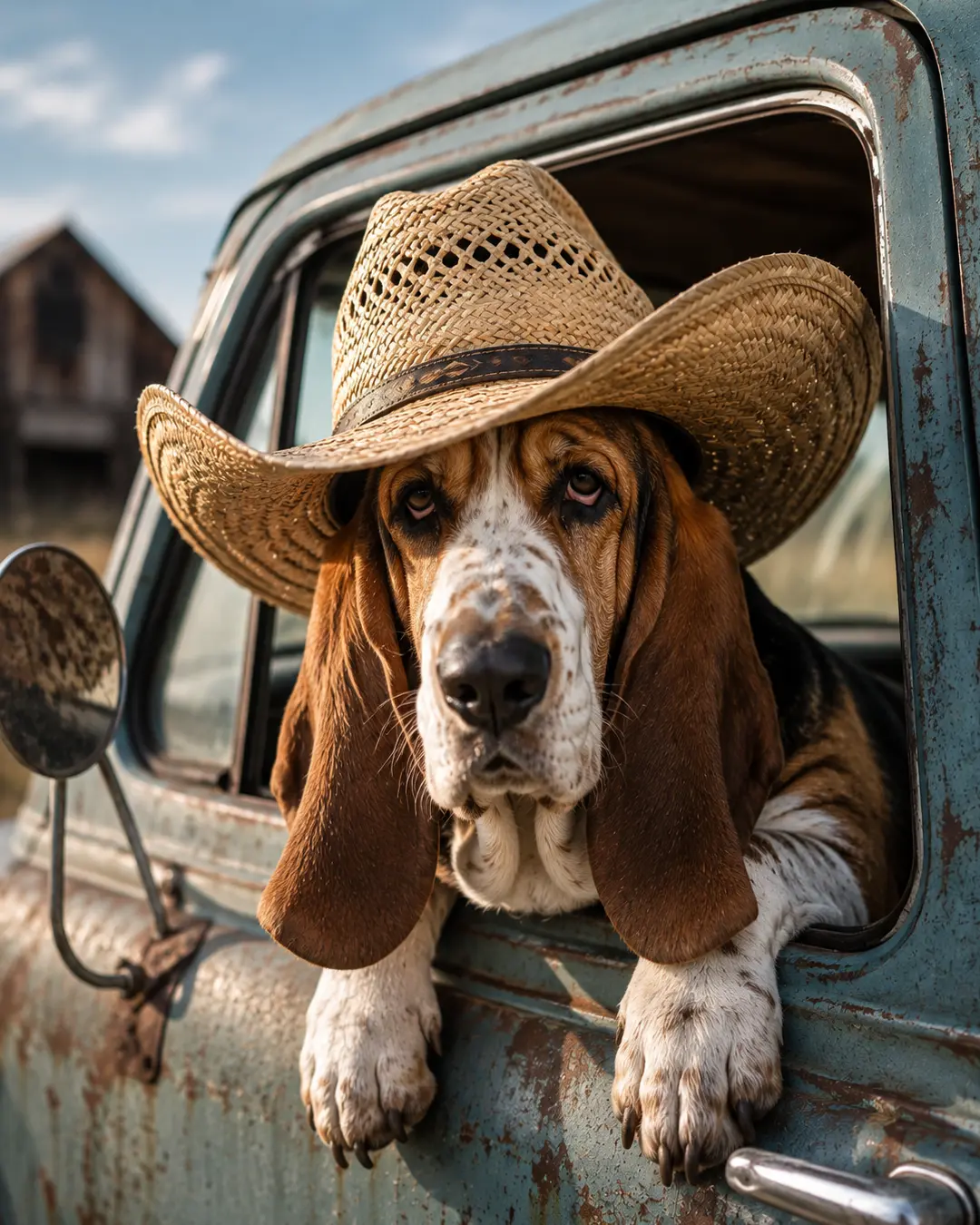 A Basset Hound in a straw cowboy hat leans from the window of a weathered vintage truck on a sunny rural farm.