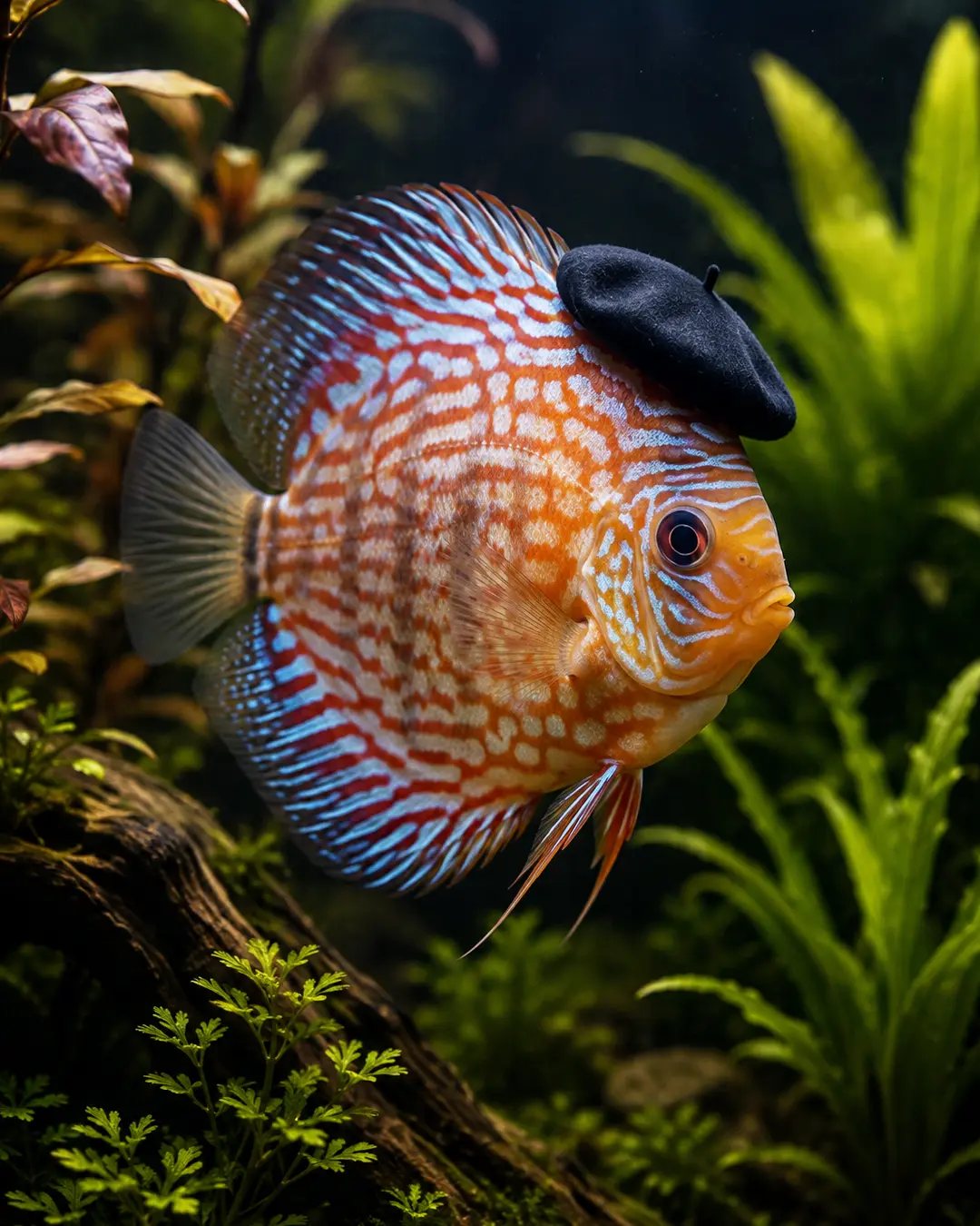 A vibrant orange and blue discus fish wears a jaunty black beret while swimming through a lush planted aquarium.