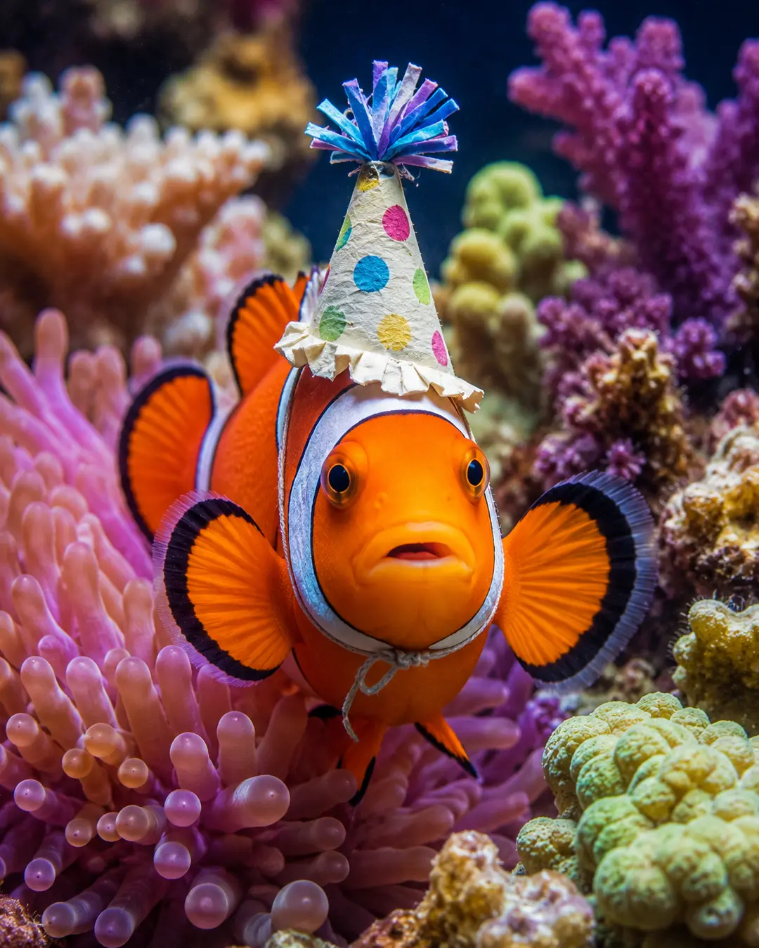 A bright orange clownfish wears a colorful polka-dot party hat while swimming among vibrant coral and pink anemones.