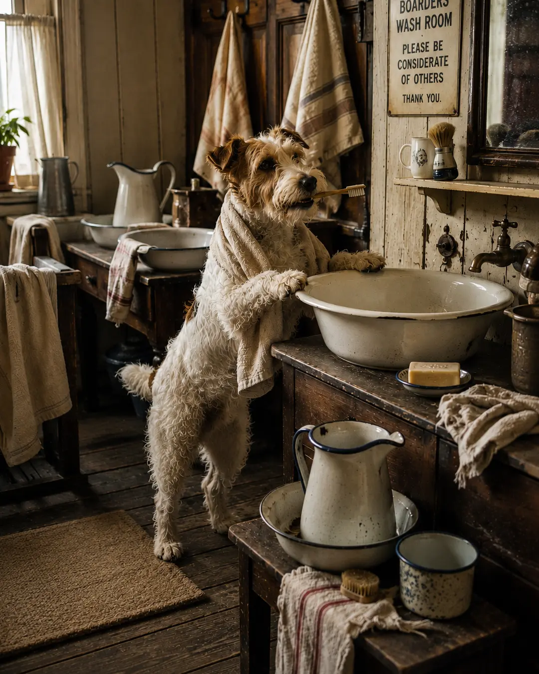 A towel-wrapped dog brushes its teeth at a porcelain washbasin in a charming old-fashioned boarding house bathroom.