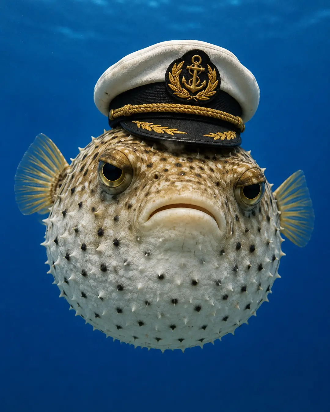 A stern-looking pufferfish floats in blue water wearing an ornate white captain’s hat decorated with a gold anchor.