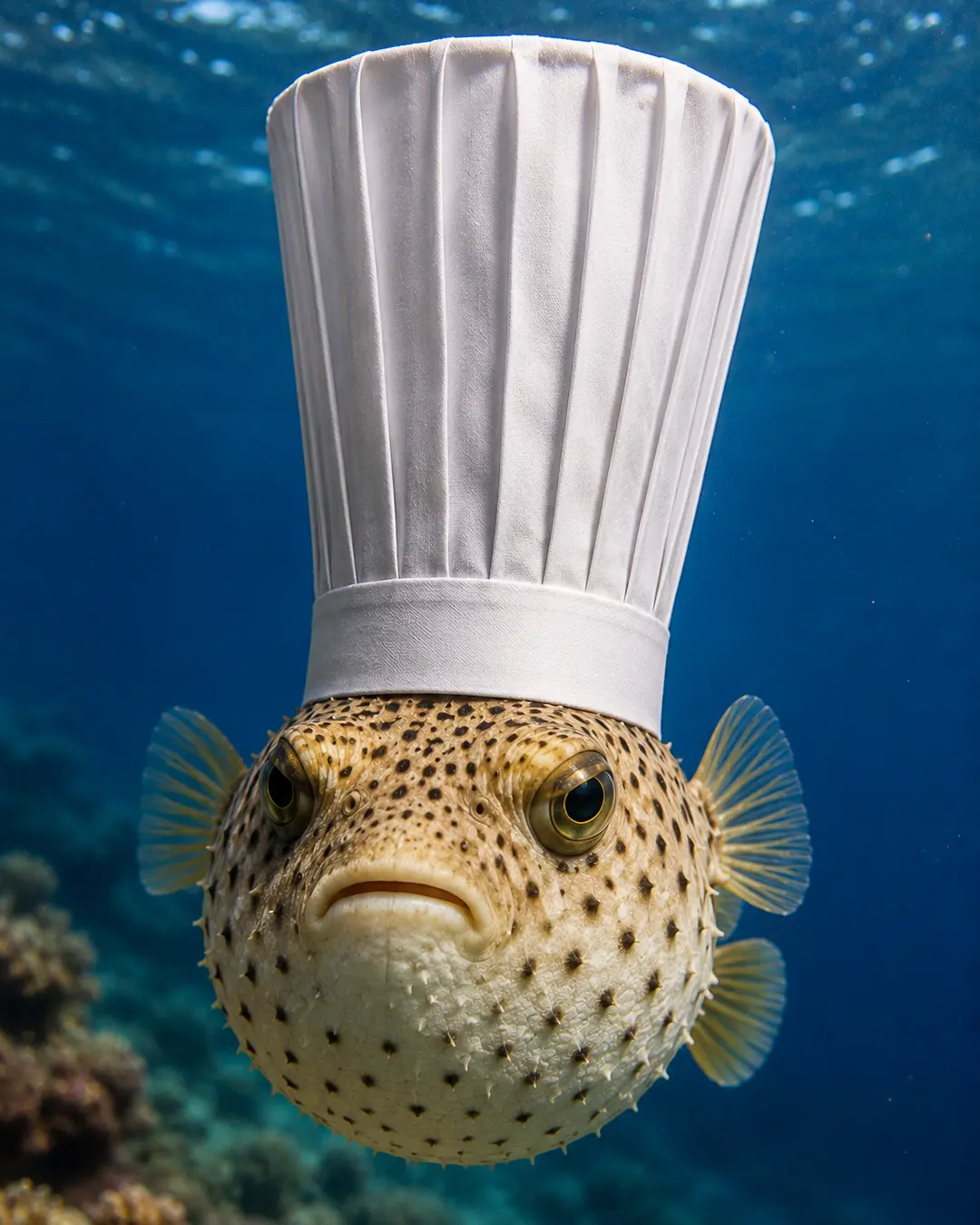 A spotted pufferfish floats underwater wearing an oversized white chef’s hat, creating a playful deep-sea portrait.