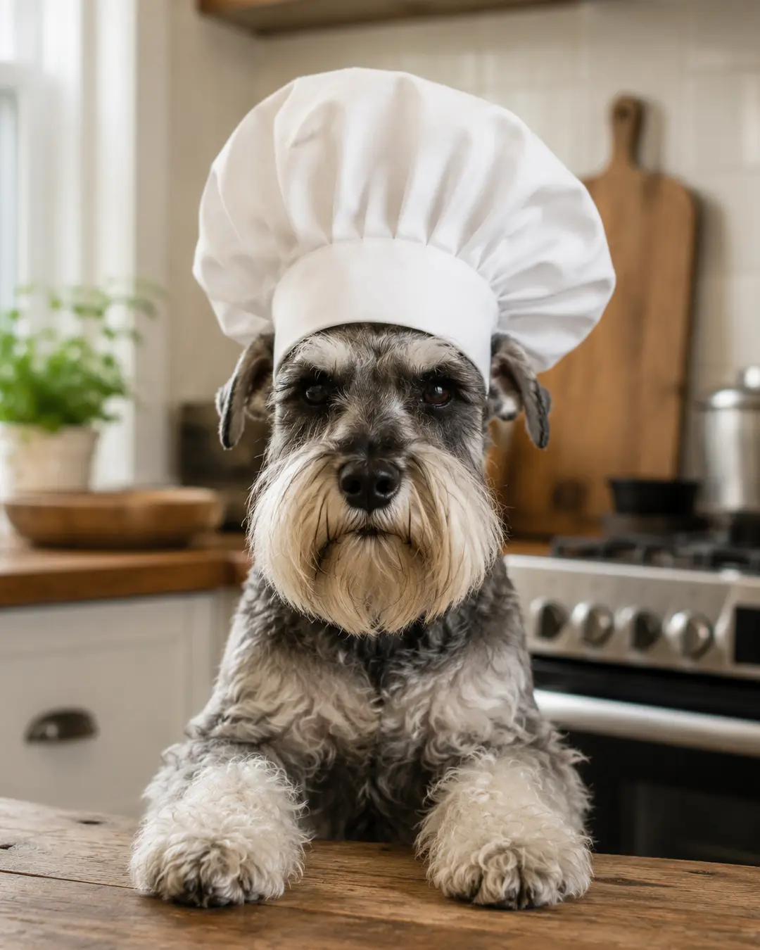 A distinguished Schnauzer in an oversized white chef’s hat poses behind a rustic kitchen counter, ready to cook.