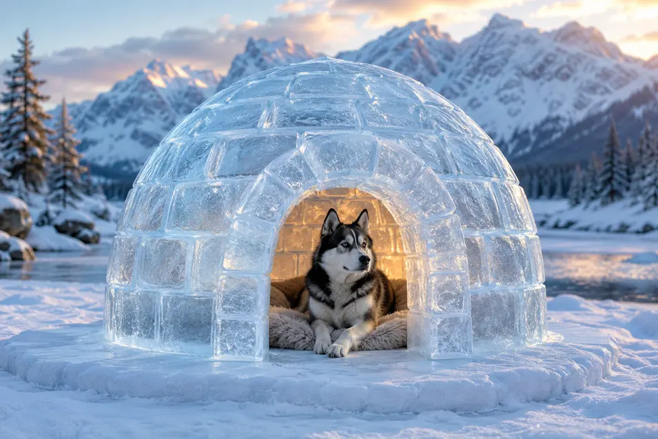 A Siberian Husky relaxes inside a glowing ice igloo surrounded by snowy mountains and pine trees at sunset.