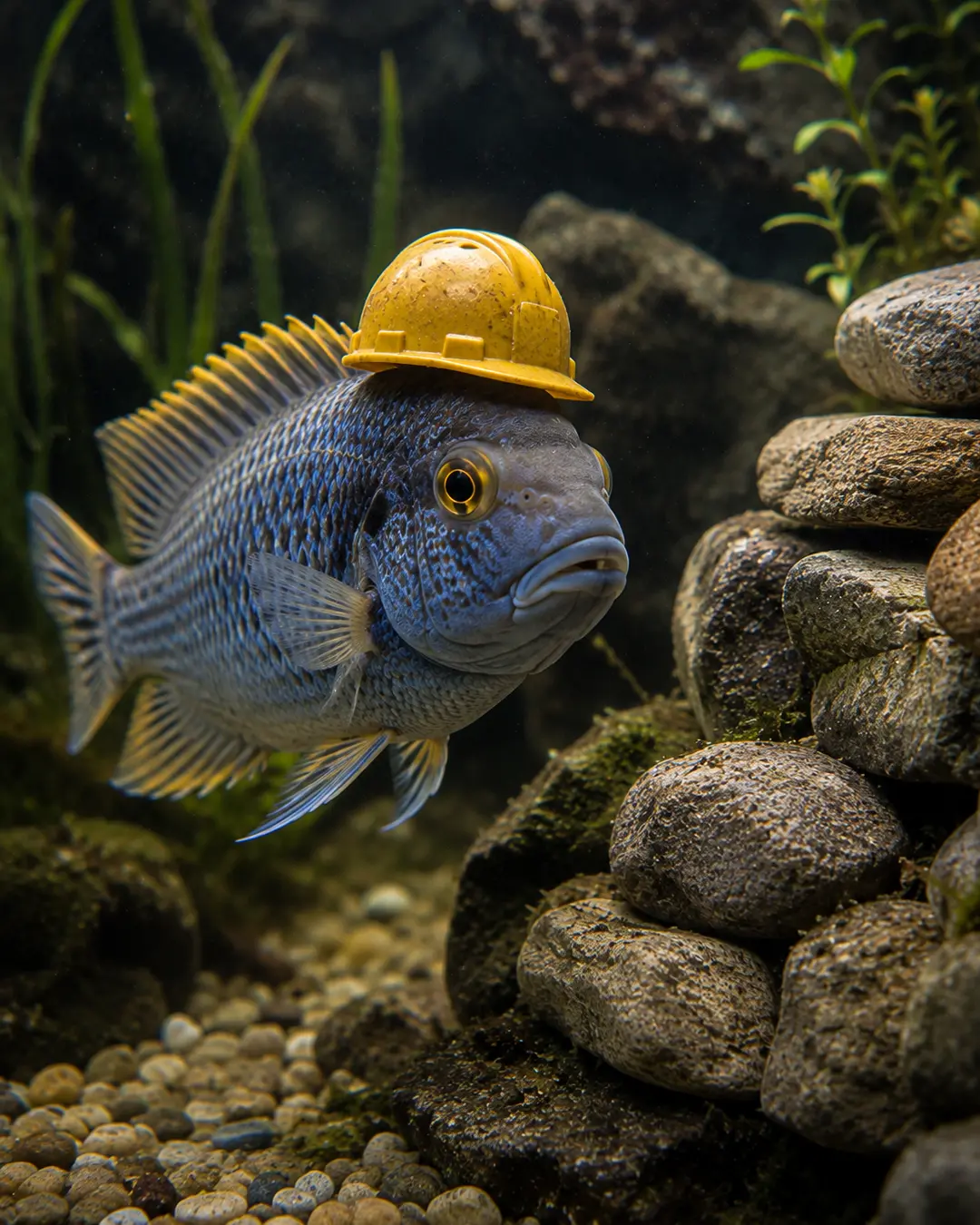 A blue fish wears a bright yellow construction hard hat while swimming beside a neatly stacked wall of underwater rocks.