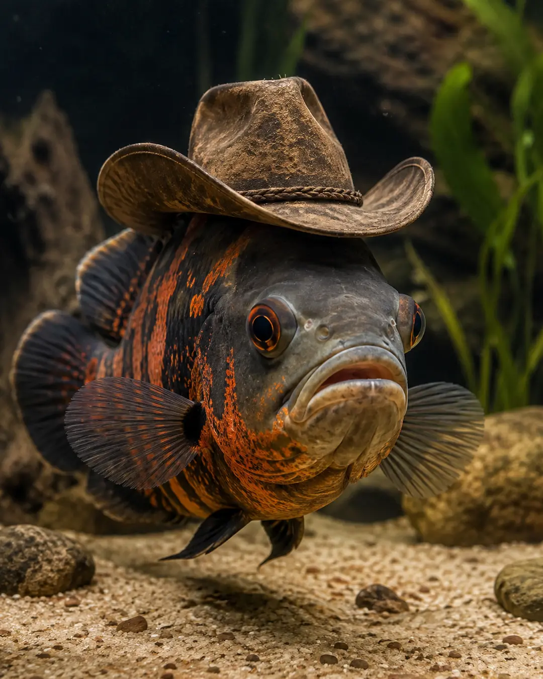 A striking Oscar fish wears a weathered cowboy hat while swimming through a rocky, planted aquarium.