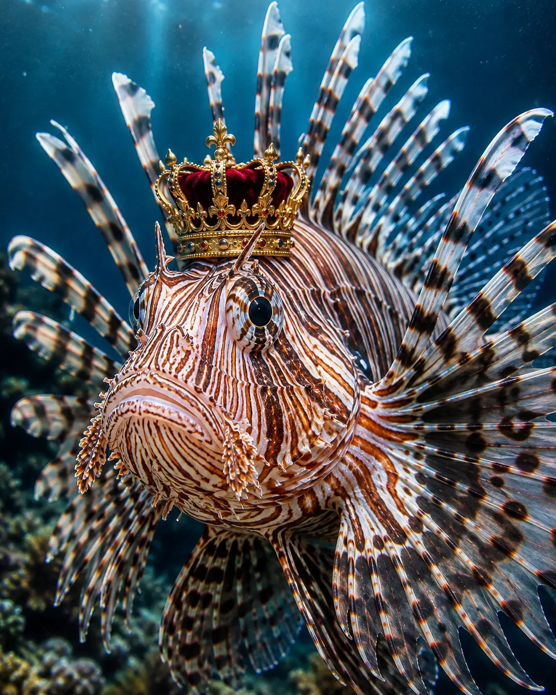 A striking lionfish wears an ornate jeweled crown, its dramatic striped fins fanning out against the deep blue ocean.