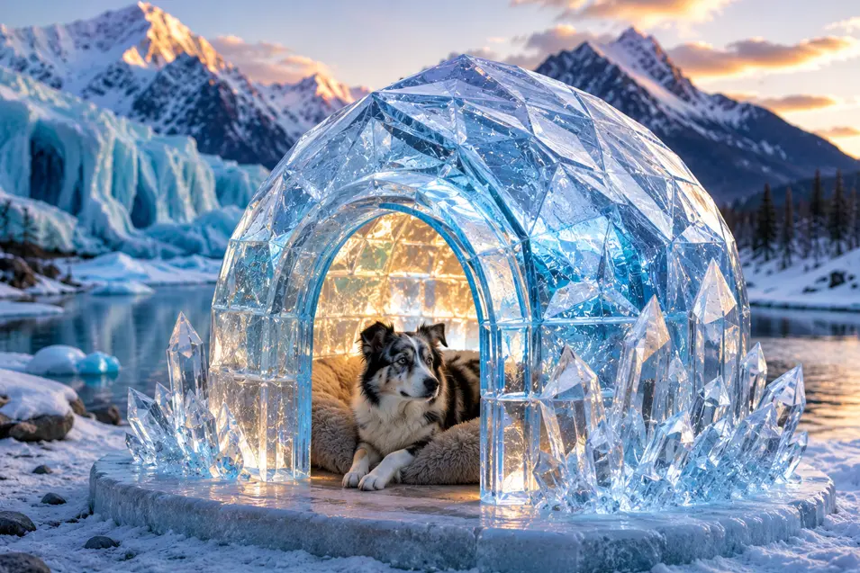 A dog relaxes inside a glowing crystal ice igloo surrounded by sparkling formations, snowy mountains, and a frozen alpine lake.