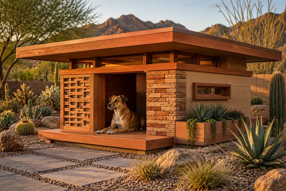 Modern desert-inspired doghouse with wood, stone accents, a flat roof, and planter, surrounded by cacti with mountains in the background.
