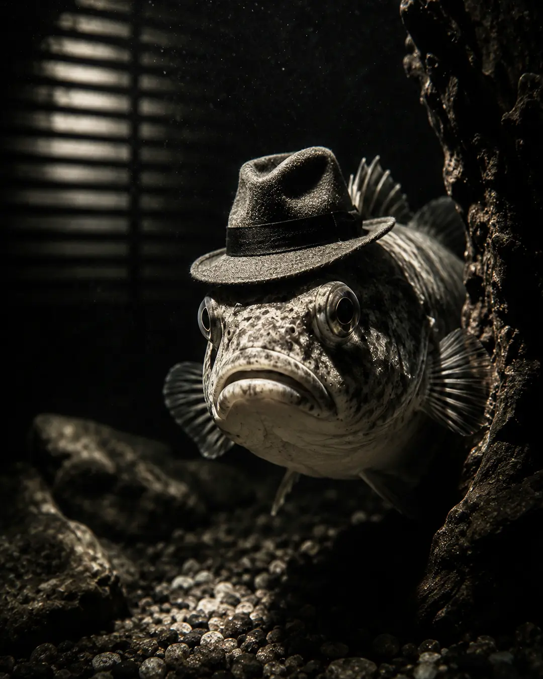 A serious-looking fish wears a classic fedora in a dark, moody underwater scene with dramatic noir-style lighting.