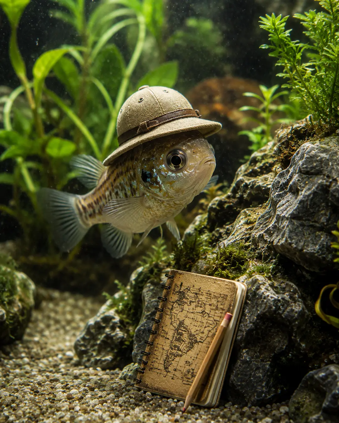 A curious fish wears a vintage safari hat while exploring a lush aquarium beside a tiny map notebook and pencil.