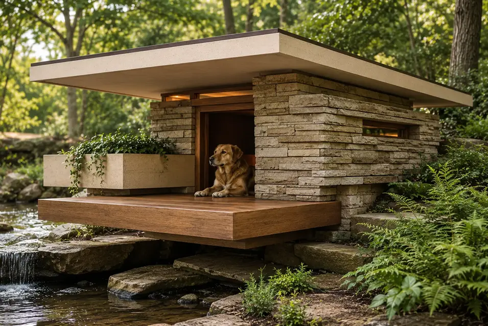 Modern stone-and-wood doghouse with a flat roof and raised deck, nestled beside a woodland stream with a dog relaxing at the entrance.