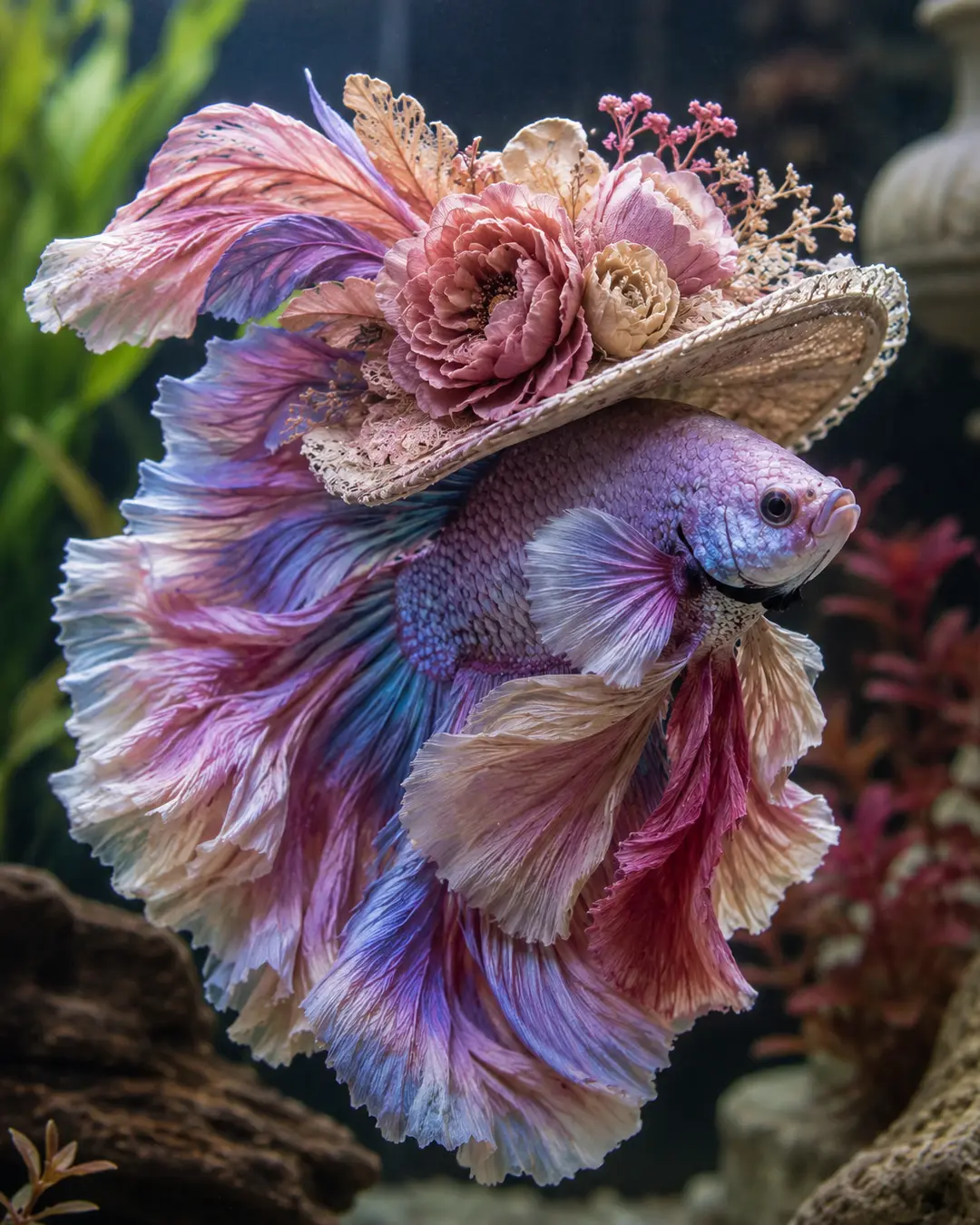 A pastel betta fish with flowing pink, lavender and blue fins swims gracefully while wearing an elaborate flower-covered hat.