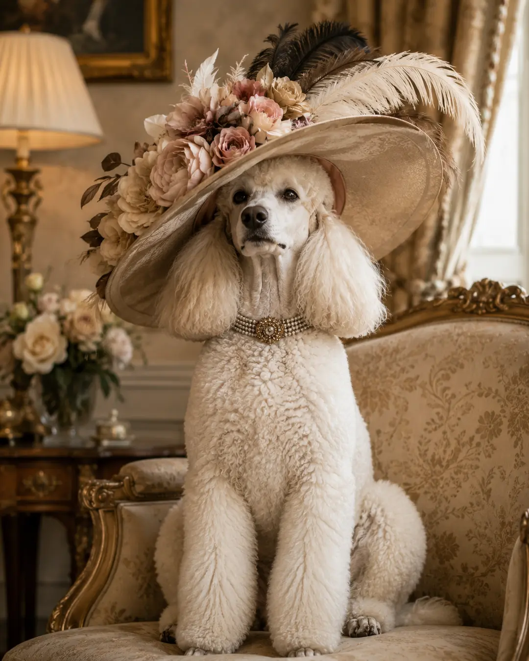 An elegant white Poodle wears an extravagant flower-and-feather hat while posing in a luxurious vintage-inspired sitting room.