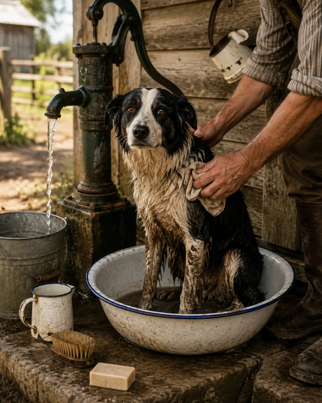 A muddy black-and-white farm dog gets a scrub in an enamel washbasin beside an old-fashioned hand pump.