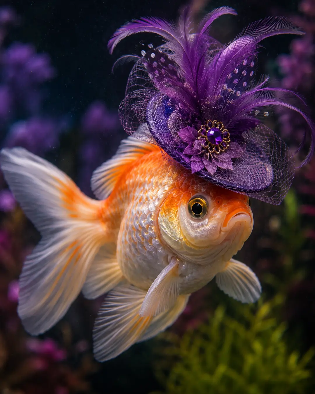 A graceful orange-and-white goldfish wears an extravagant purple feathered hat adorned with lace, flowers and a sparkling jewel.