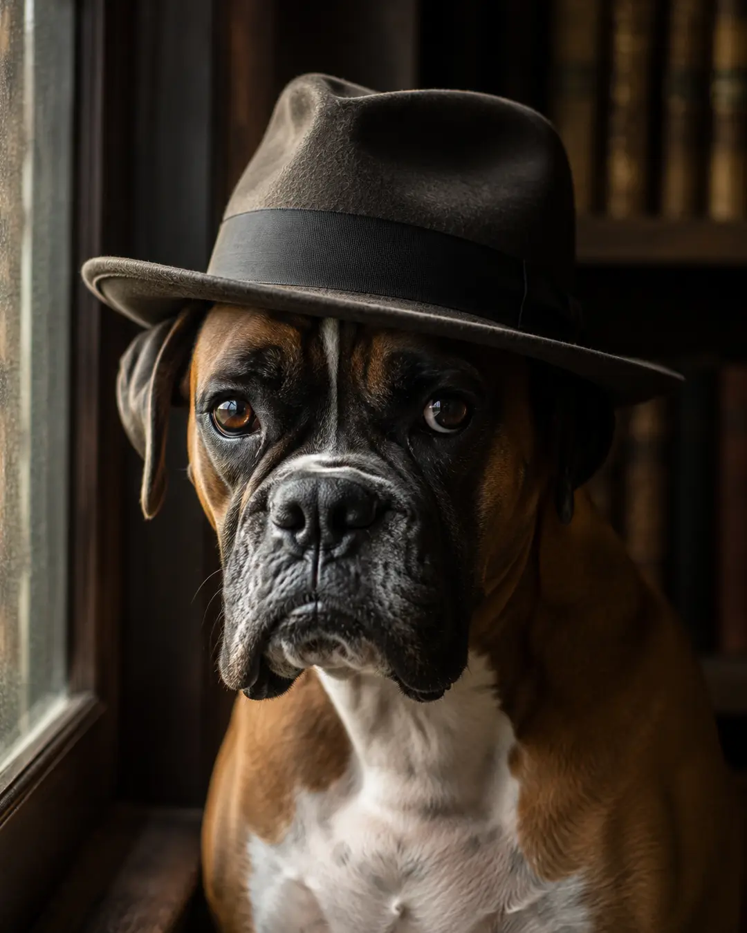 A serious Boxer in a classic dark fedora poses beside a rain-speckled window, creating a moody vintage detective look.
