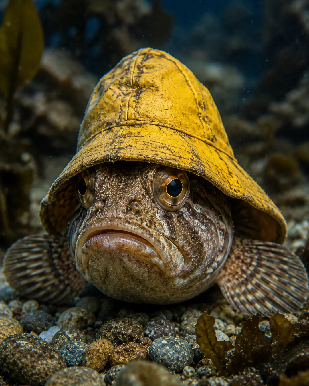 A grumpy-looking fish rests on a rocky seabed wearing a weathered yellow rain hat, creating a charming underwater portrait.