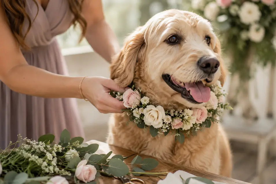 A bridesmaid gently adjusts a lightweight floral collar on a relaxed dog before the wedding ceremony.