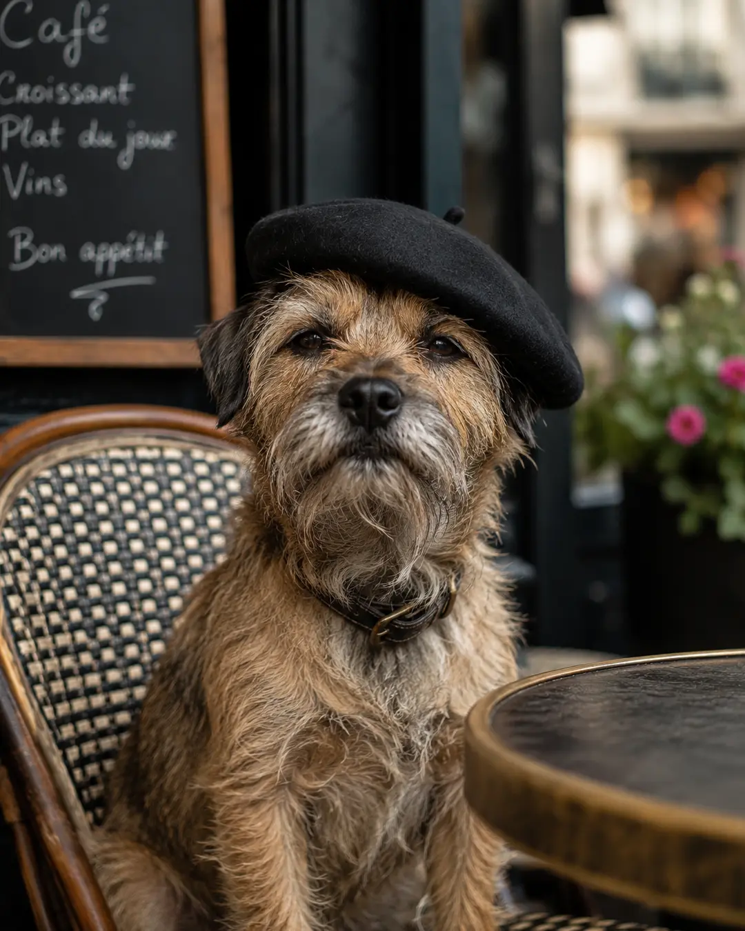 A scruffy terrier in a black beret sits proudly at a charming Parisian café, bringing a playful French flair to the scene.
