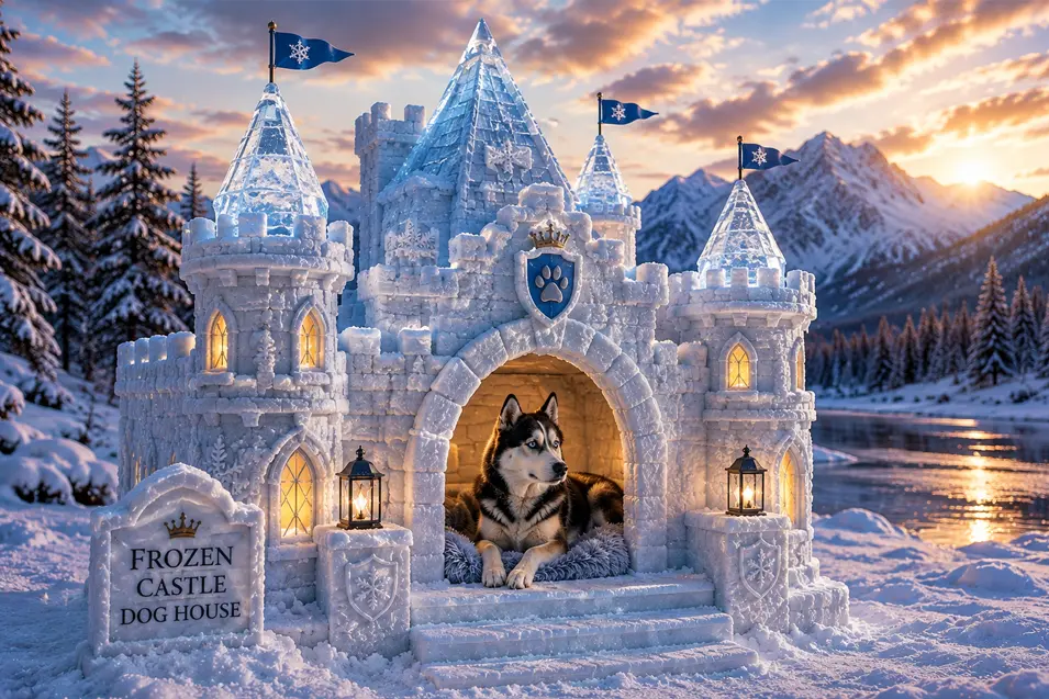 A majestic frozen castle dog house shelters a cozy Husky against a snowy mountain sunset beside a peaceful winter lake.