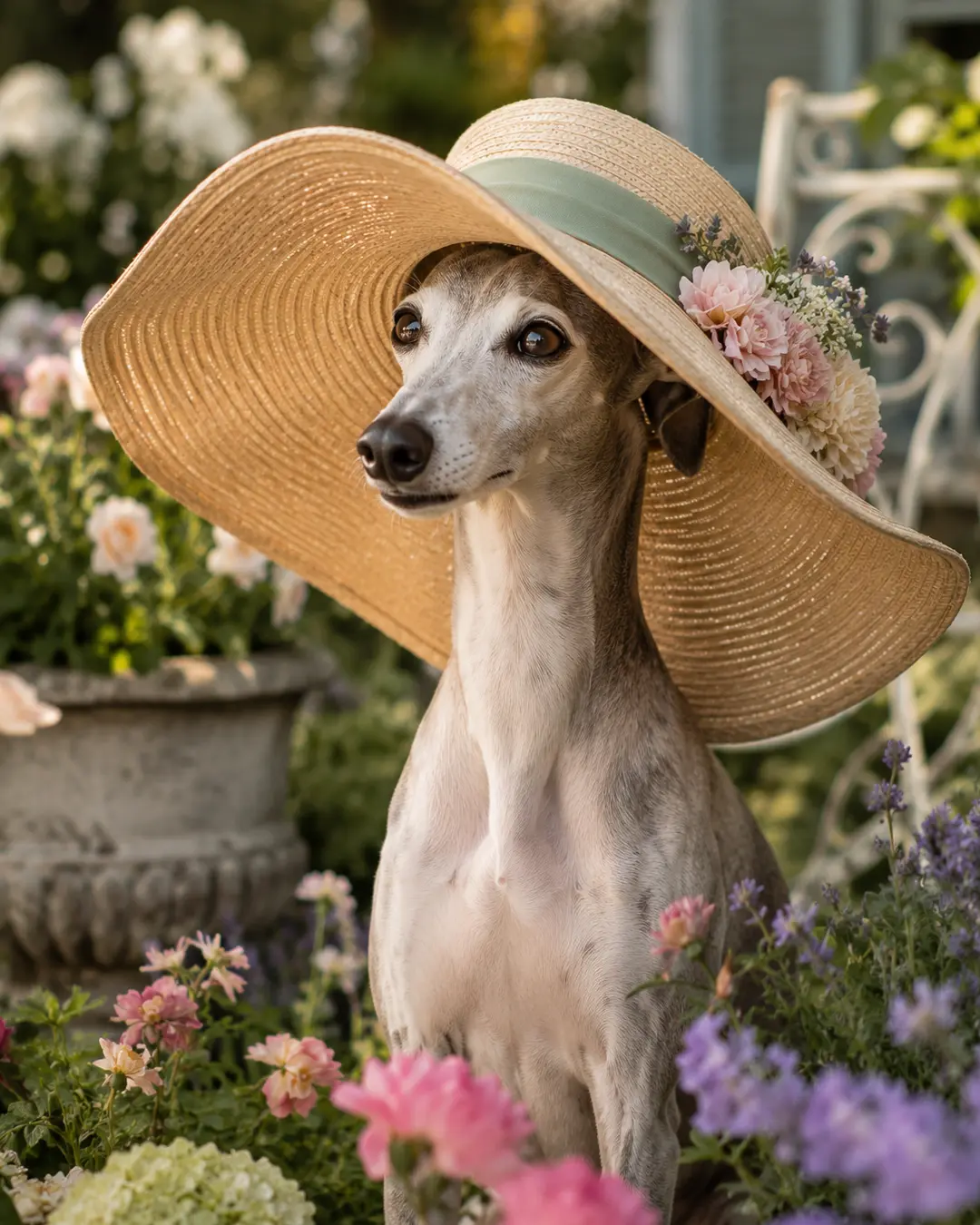 A graceful Whippet wears a flower-trimmed wide-brimmed straw hat while posing among colorful blooms in a romantic garden.
