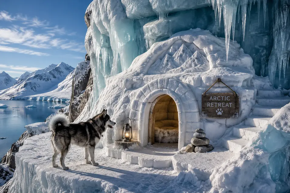 A Husky explores a cozy snow-carved “Arctic Retreat” built into an icy mountainside overlooking a breathtaking frozen fjord.