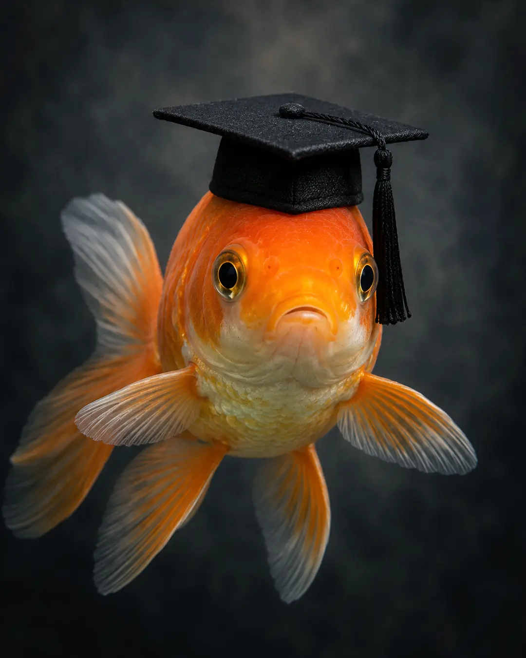 A bright orange goldfish wears a black graduation cap and tassel, posing proudly against a dark, softly lit background.