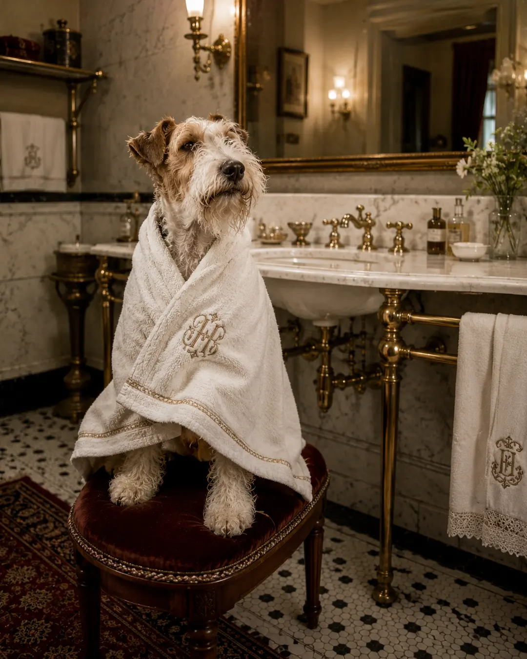 A freshly bathed terrier sits wrapped in a luxurious monogrammed towel in an elegant marble-and-brass vintage bathroom.