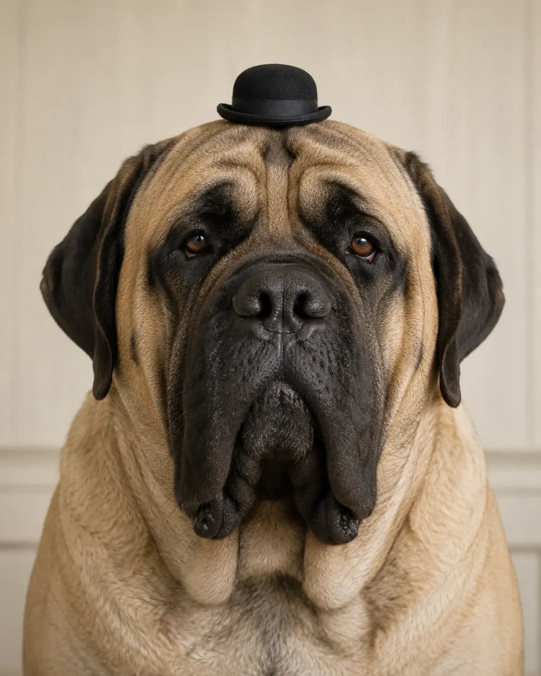 A massive Mastiff wears a comically tiny black bowler hat, creating a wonderfully deadpan and playful portrait.