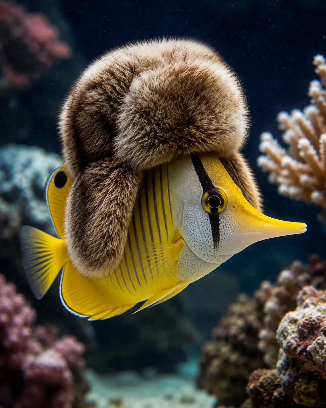 A bright yellow tropical fish wears an oversized furry trapper hat while swimming through a colorful coral reef.