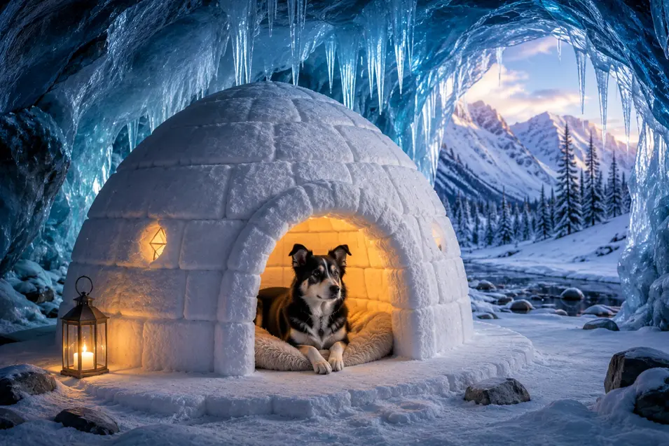 A cozy dog relaxes inside a warmly glowing snow igloo tucked beneath an icy cave, surrounded by icicles, mountains, and a winter stream.