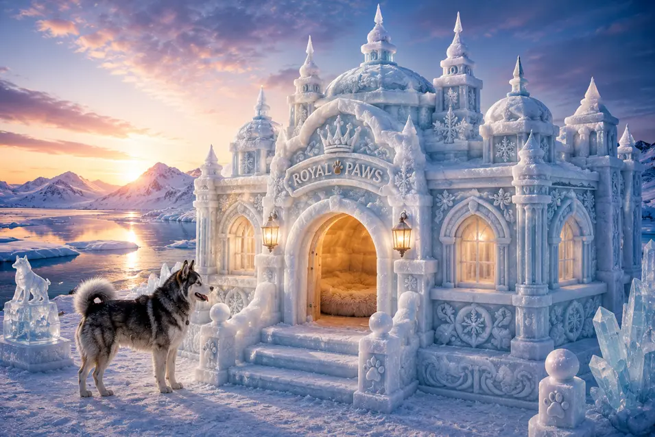 A Husky approaches an elaborate “Royal Paws” snow palace with glowing windows, ornate carvings, and majestic towers beside a frozen lake.