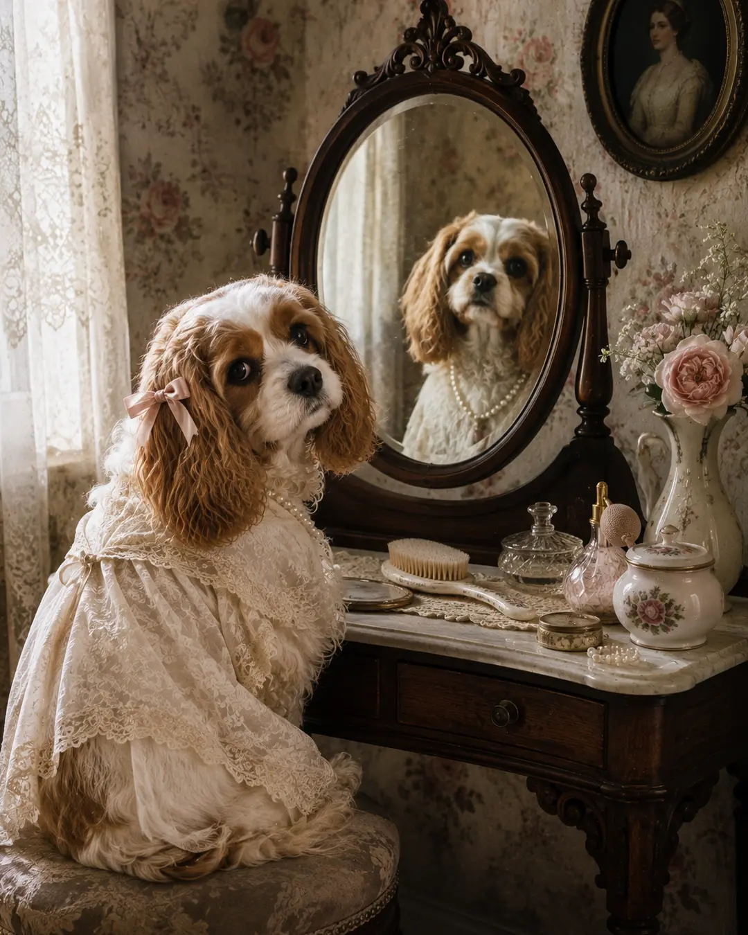 A Cavalier King Charles spaniel primps at an ornate Victorian vanity, dressed in lace and pearls amid romantic vintage decor.