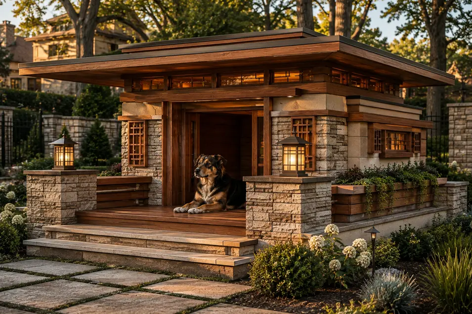 Luxury wood-and-stone doghouse with a covered porch, lanterns, planter boxes, and a dog relaxing amid an elegant landscaped garden.
