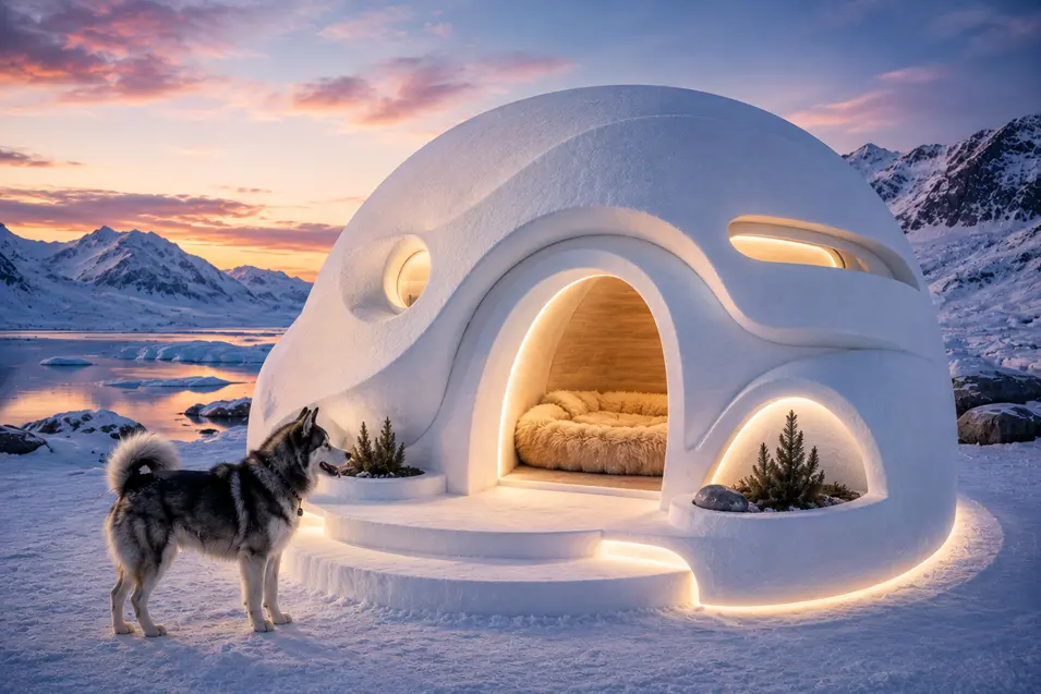 A Husky approaches a sleek futuristic snow igloo with glowing curved entrances, cozy bedding, and built-in planters against an Arctic sunset.
