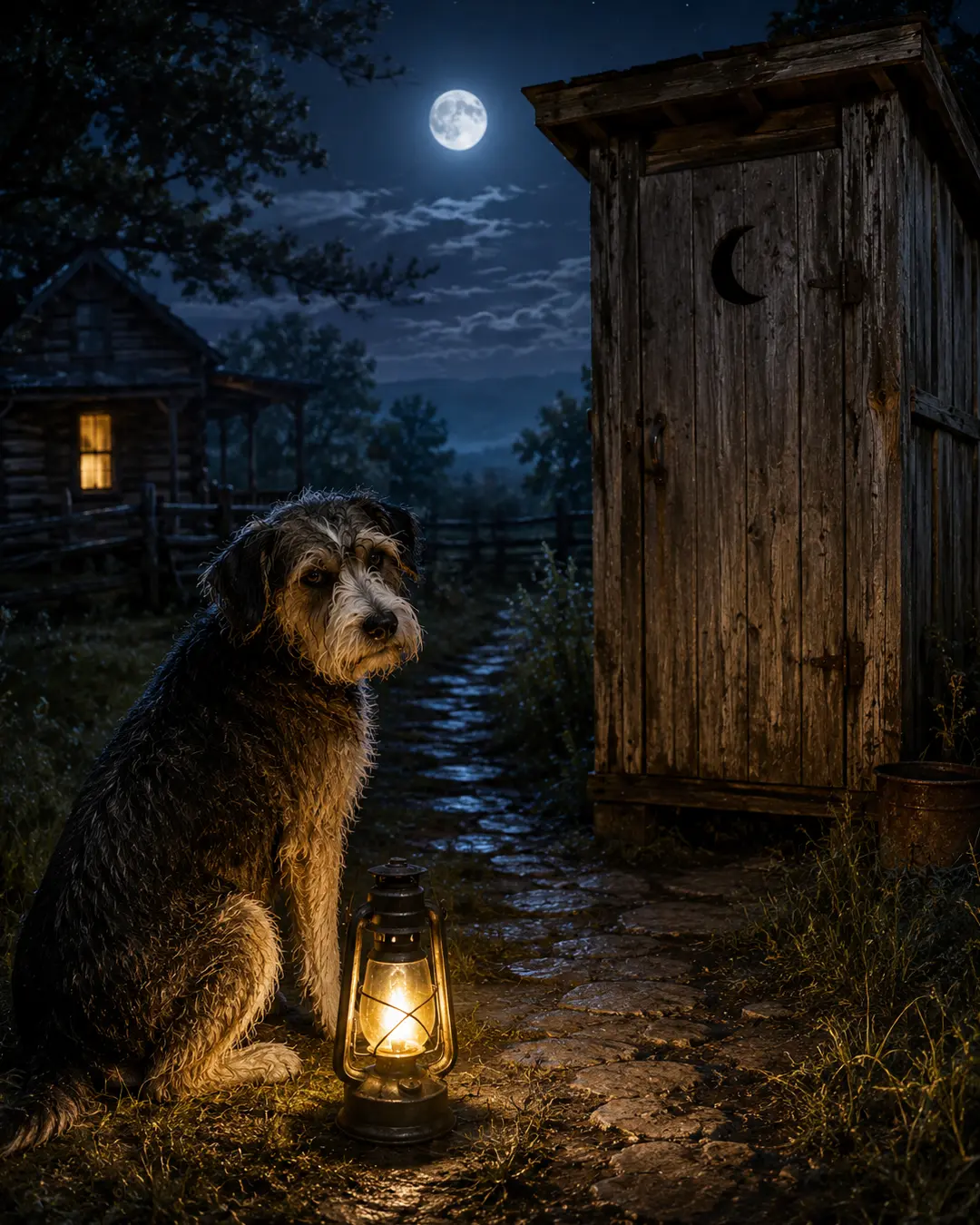A shaggy dog waits beside a glowing lantern and rustic wooden outhouse beneath a full moon on a quiet country night.