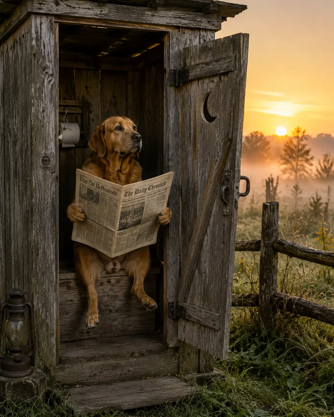 A golden retriever reads the newspaper in a rustic wooden outhouse at sunrise, surrounded by a misty countryside landscape.