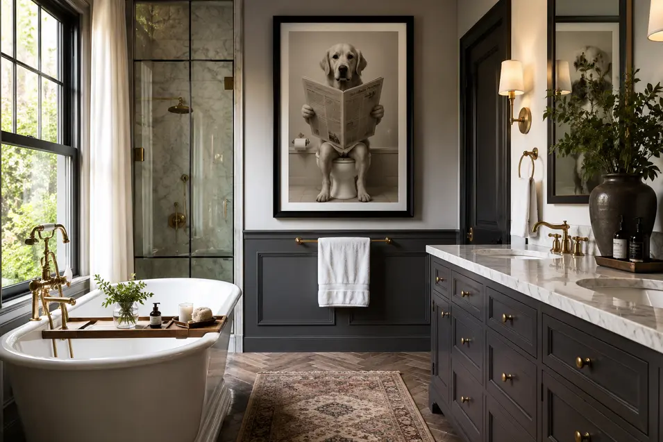Elegant bathroom with a freestanding tub, dark cabinetry, brass accents, marble finishes, and whimsical framed dog art.